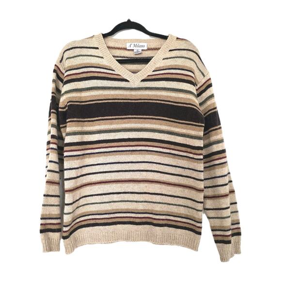 Vtg Striped Vneck Sweater Womens M Brown Wool Blend 70s Bohemian Neutral Minimal - Picture 1 of 9
